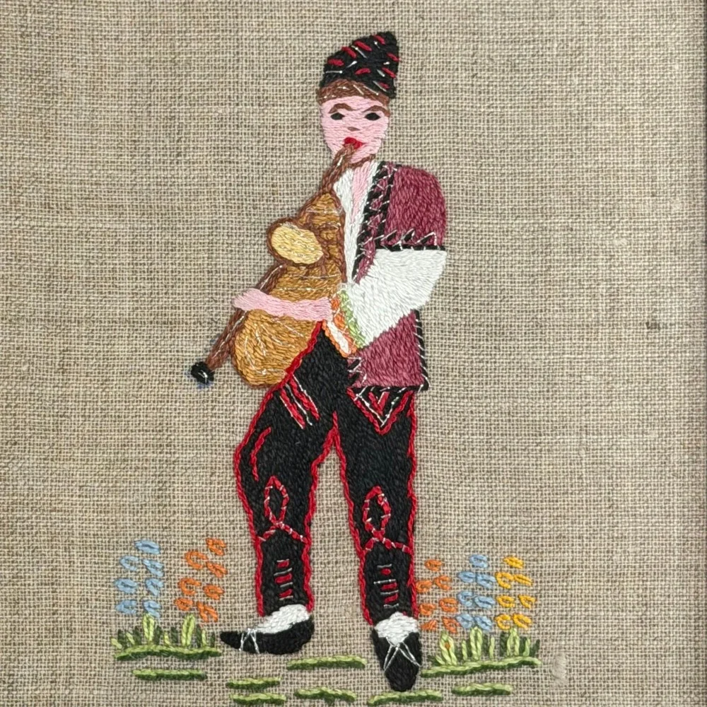 Vintage Mid-Century Petit Needlepoint Bagpiper Framed Tapestry‎ 9x11 Folk Art